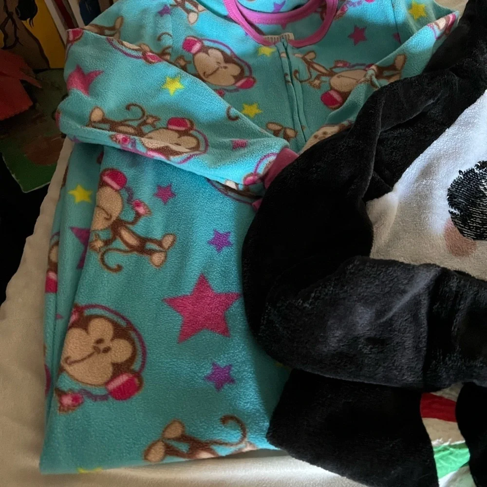 Justice Girls Sz 7/8 Holiday Panda Bear Onesie Pj’s and Footed Monkey Pj’s